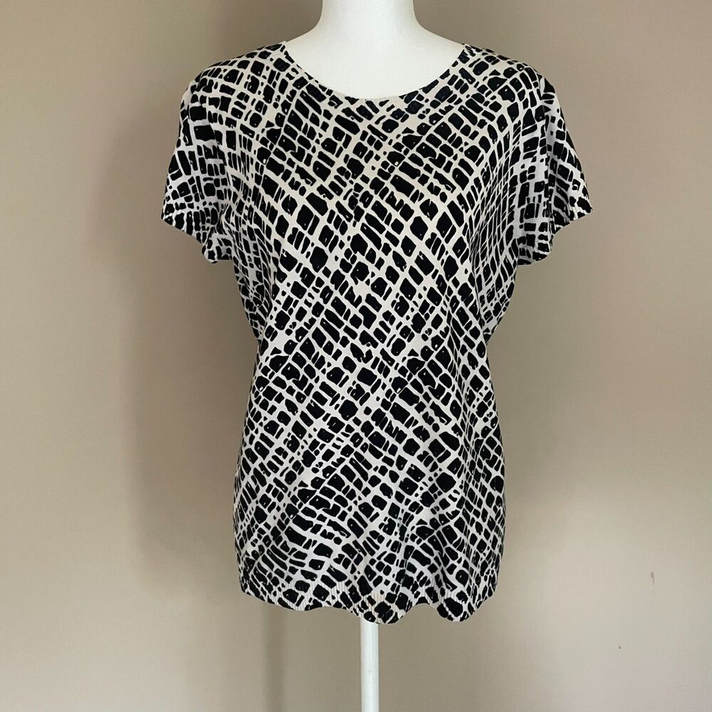 Calvin Klein Sze Large Short Sleeve Silk Blend Career Top Geo Print Fall Fashion